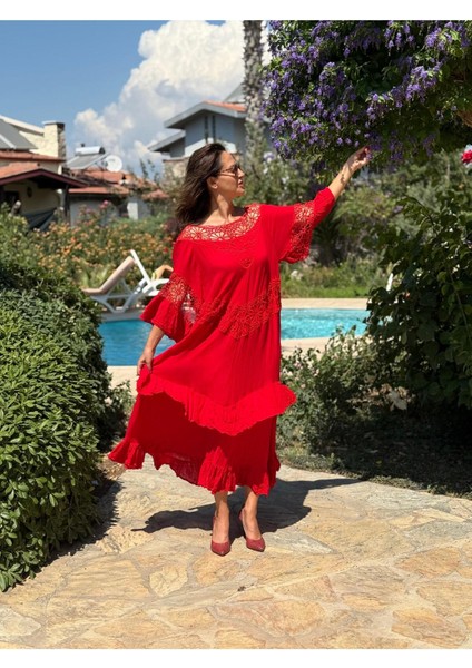 VL12008 Yaka Detay Vual Elbise Kırmızı fırsatları