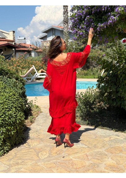 VL12008 Yaka Detay Vual Elbise Kırmızı indirimleri