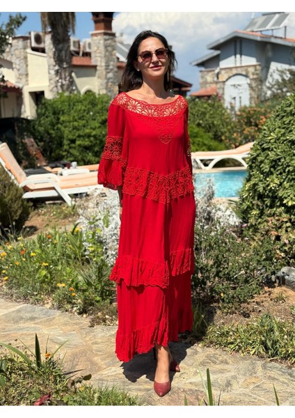 VL12008 Yaka Detay Vual Elbise Kırmızı
