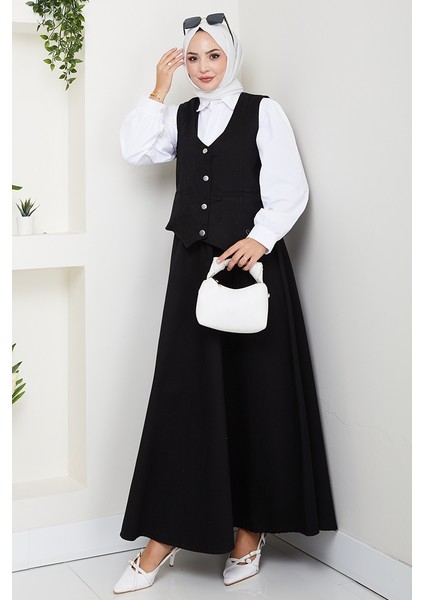 Ikili Gabardin Yelek Etek Takım 1400 - Siyah