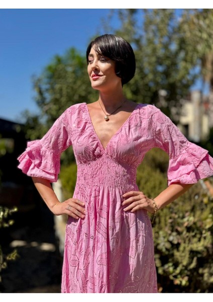 NC10995 Italyan Pul Payetli Beli Lastikli Coton Elbise Pembe