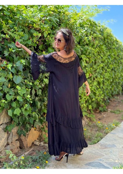 VL12008 Yaka Detay Vual Elbise Siyah fiyatları