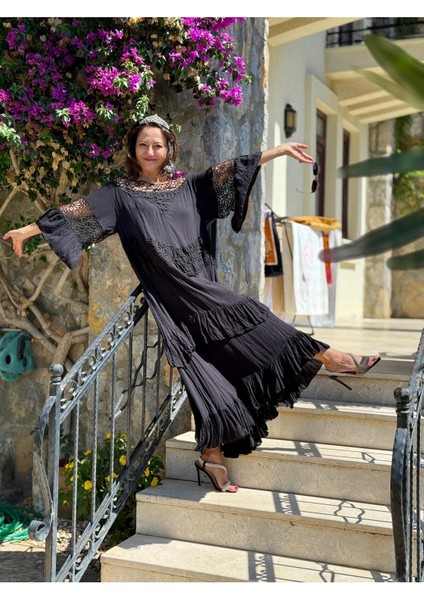 VL12008 Yaka Detay Vual Elbise Siyah modelleri