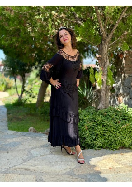 VL12008 Yaka Detay Vual Elbise Siyah fırsatları