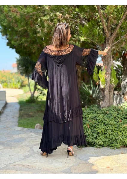 VL12008 Yaka Detay Vual Elbise Siyah indirimleri