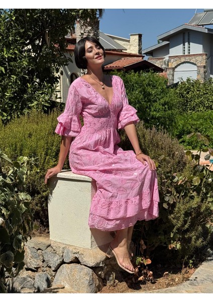 NC10995 Italyan Pul Payetli Beli Lastikli Coton Elbise Pembe fiyatları