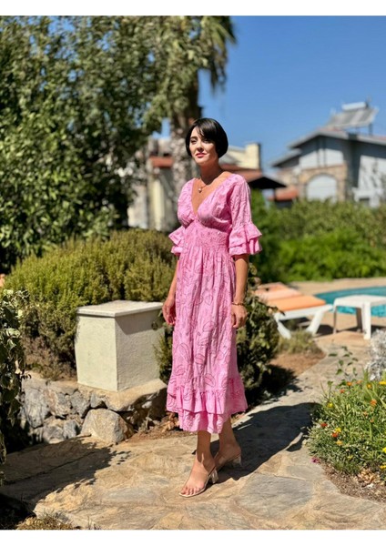 NC10995 Italyan Pul Payetli Beli Lastikli Coton Elbise Pembe modelleri