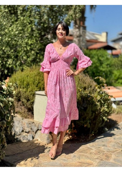 NC10995 Italyan Pul Payetli Beli Lastikli Coton Elbise Pembe indirimleri