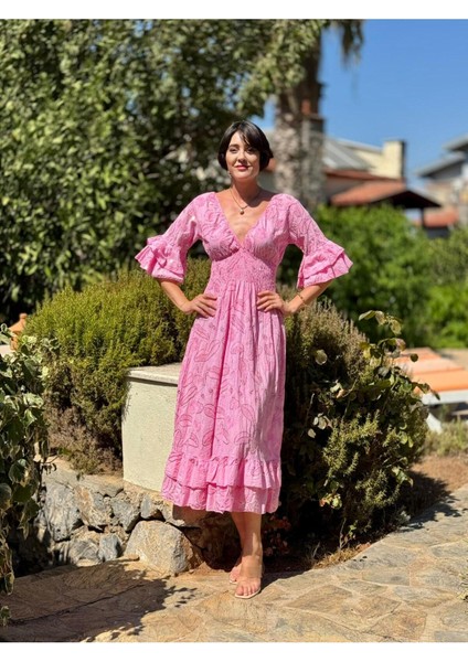 NC10995 Italyan Pul Payetli Beli Lastikli Coton Elbise Pembe