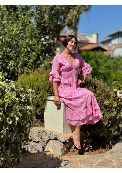 NC10995 Italyan Pul Payetli Beli Lastikli Coton Elbise Pembe