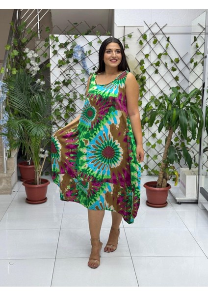 BD13306 Viskon Kolsuz Bodrum Batikli Elbise modelleri