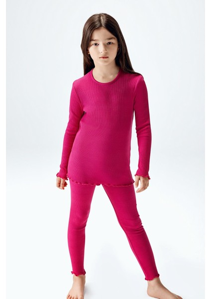 Kız Çocuk Fitilli Taytlı Takım Fuşya Renk