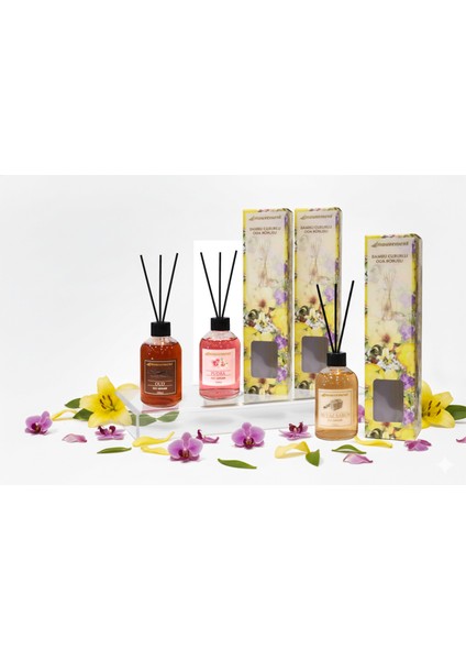 100 ml 3’lü Çubuklu Oda Kokusu Seti – Ud, Pudra, Beyaz Sabun