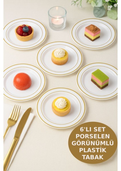 Porselen Görünümlü Altın Yaldızlı 19 cm Lüks Plastik Tabak – 6’lı Set, Gıda Temasa Uygun 19CM