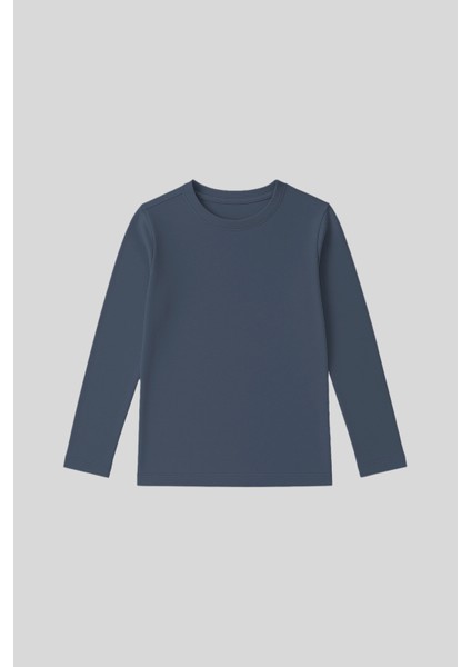 Koyu Mavi O Yaka Standart Fit Basic Uzun Kollu Unisex Çocuk T-Shirt - 11329