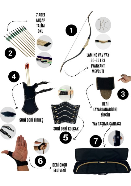 Geleneksel Okçuluk Lamine 'vav' Set- Vav Yay + 7 Ok + Zihgir + Tirkeş + Kolçak + Eldiven + Çanta
