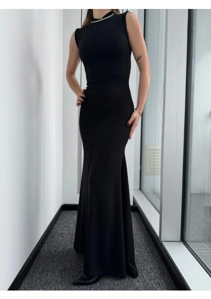 Kolsuz Yarım Bogazlı Uzun Elbise- Siyah modelleri