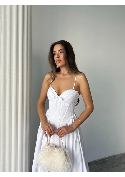 Kadın Poplin Kumaş Kurdeleli Askılı Midi Elbise