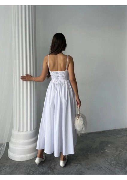 Kadın Poplin Kumaş Kurdeleli Askılı Midi Elbise