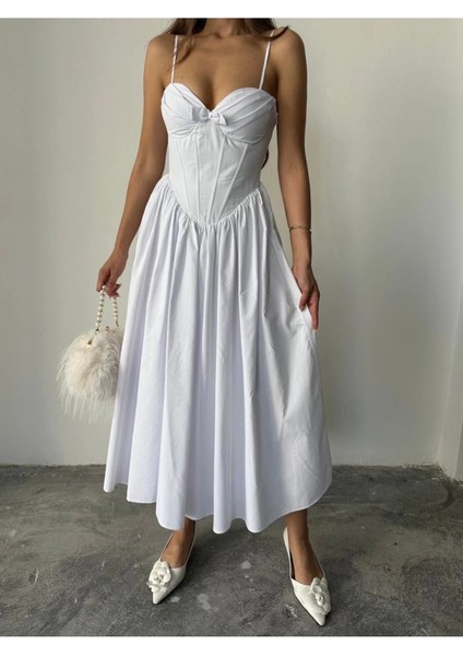 Kadın Poplin Kumaş Kurdeleli Askılı Midi Elbise