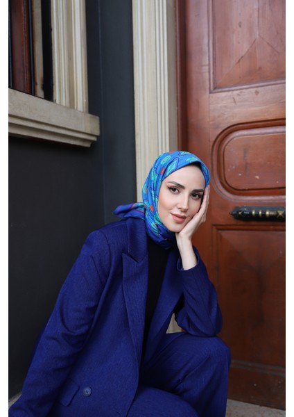 Minimal Desenli Eşarp Saks -Mavi