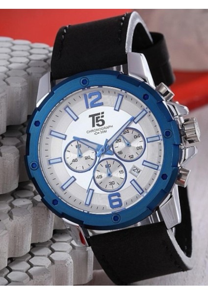 Erkek Kol Saati – Siyah Deri Kordon – Mavi Çerçeve – Beyaz Kadran – Multifonksiyonel