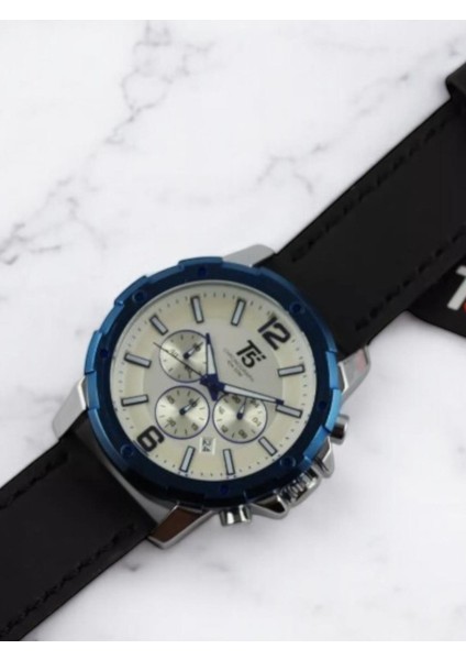 Erkek Kol Saati – Siyah Deri Kordon – Mavi Çerçeve – Beyaz Kadran – Multifonksiyonel fırsatları