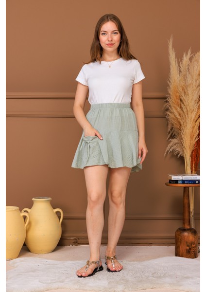 %100 Pamuk Müslin Cep Detaylı Mini Şort Etek