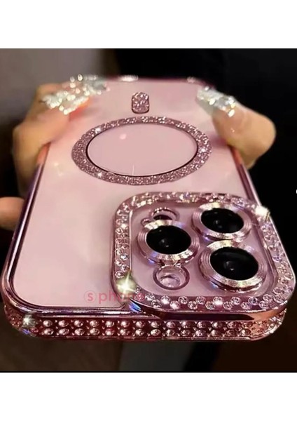 iPhone 16 Pro Max Uyumlu Kılıf Kamera Korumalı Parlak Elmas Taşlı Magnetic Simli Arkası Şeffaf Lüx