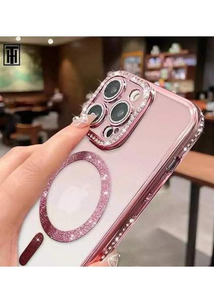iPhone 16 Pro Max Uyumlu Kılıf Kamera Korumalı Parlak Elmas Taşlı Magnetic Simli Arkası Şeffaf Lüx fiyatları