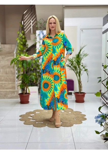 SLN31102 Pamuk Viskon Boydan Düğmeli Uzun Selin Elbise