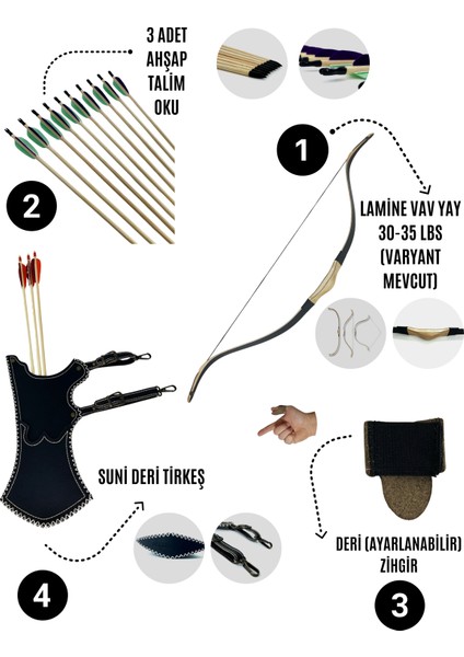 Geleneksel Okçuluk Lamine 'vav' Set- Vav Yay + 3 Ok + Zihgir + Tirkeş