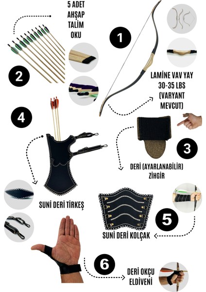 Geleneksel Okçuluk Lamine 'vav' Set- Vav Yay + 5 Ok + Zihgir + Tirkeş + Kolçak + Eldiven