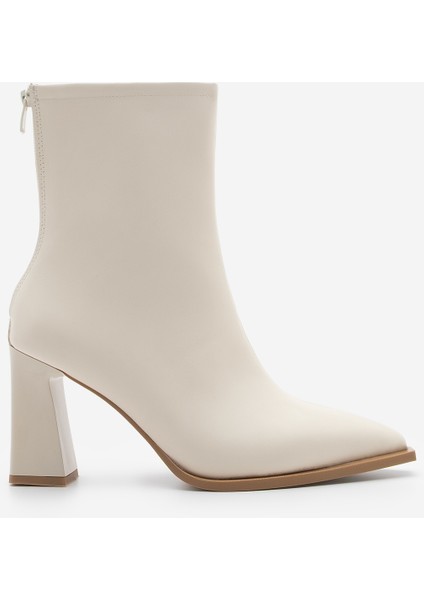 Kadın Topuklu Bot Sivri Burun Arkadan Fermuarlı Kalın Ökçe Kikas Ekru modelleri