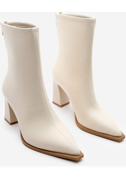 Kadın Topuklu Bot Sivri Burun Arkadan Fermuarlı Kalın Ökçe Kikas Ekru indirimleri