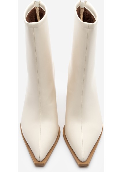 Kadın Topuklu Bot Sivri Burun Arkadan Fermuarlı Kalın Ökçe Kikas Ekru