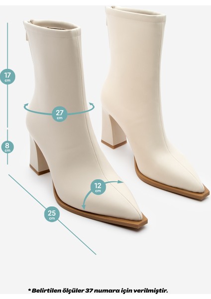 Kadın Topuklu Bot Sivri Burun Arkadan Fermuarlı Kalın Ökçe Kikas Ekru