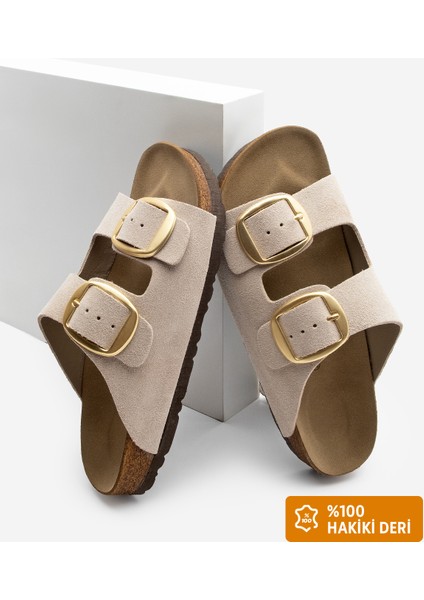 Kadın Hakiki Deri Günlük Terlik Çift Bantlı Terlik Eva Taban Poli Bej