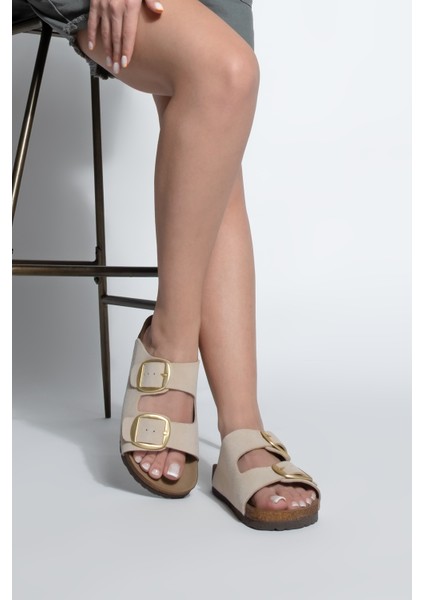 Kadın Hakiki Deri Günlük Terlik Çift Bantlı Terlik Eva Taban Poli Bej fiyatları