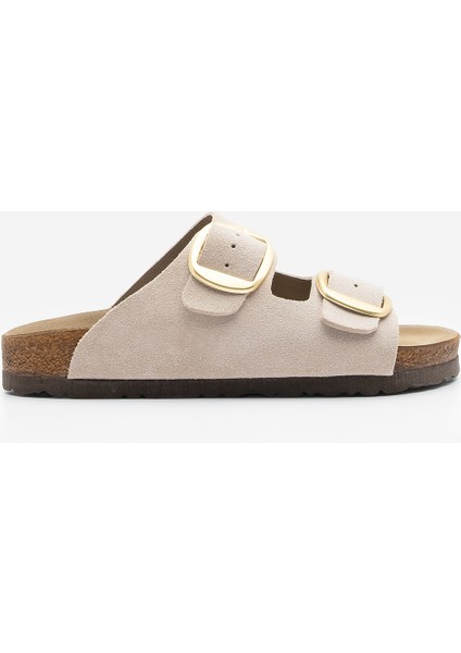 Kadın Hakiki Deri Günlük Terlik Çift Bantlı Terlik Eva Taban Poli Bej modelleri