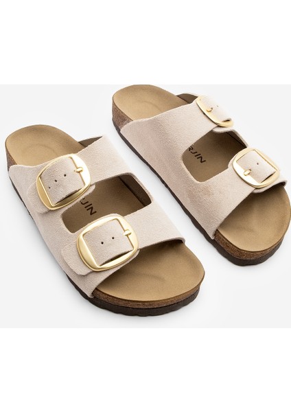 Kadın Hakiki Deri Günlük Terlik Çift Bantlı Terlik Eva Taban Poli Bej indirimleri