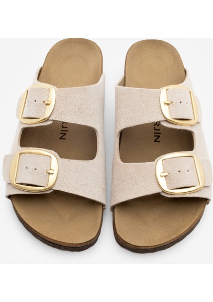 Kadın Hakiki Deri Günlük Terlik Çift Bantlı Terlik Eva Taban Poli Bej