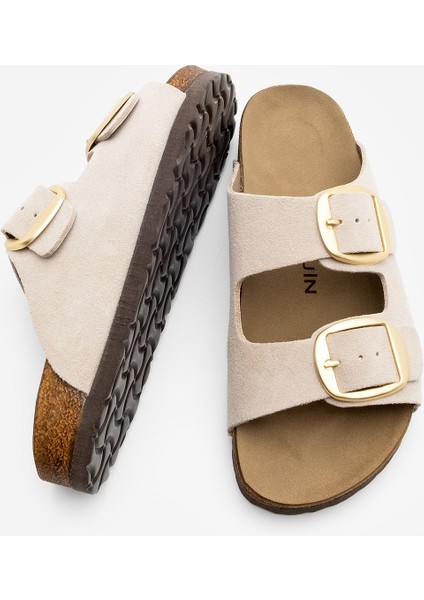 Kadın Hakiki Deri Günlük Terlik Çift Bantlı Terlik Eva Taban Poli Bej