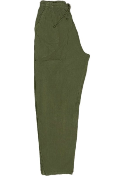 %100 Pamuk, Keten Kumaştan Beli Lastikli ve Bağcıklı Erkek Pantolon(Solma ve Çekme Yapmaz)