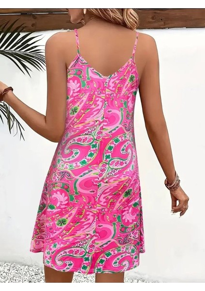 Kadın Ip Askılı V Yakalı Desenli Kısa Süprem Mini Elbise fiyatları