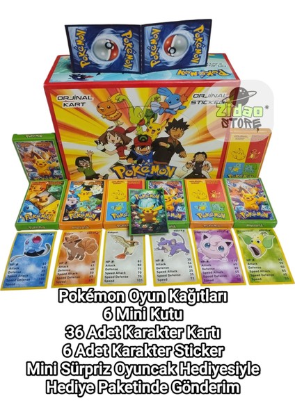 Pokemon Oyun Kağıtları 6 Mini Kutu | 36 Karakter Kartı + 6 Sticker | Hediye Paketli Set fiyatları