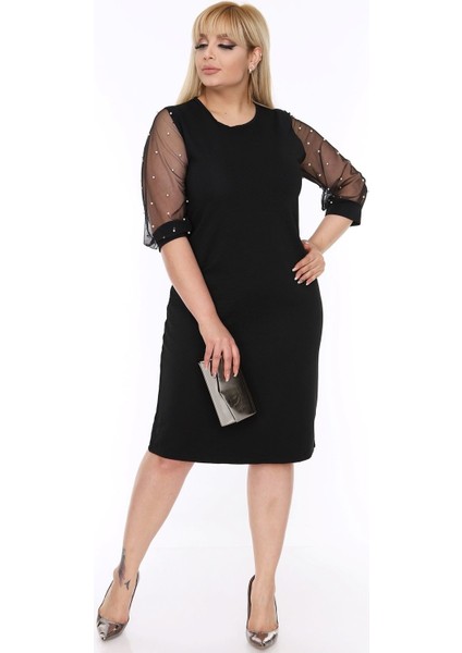 Kolları Incili Büyük Beden Elbise 6A-69340