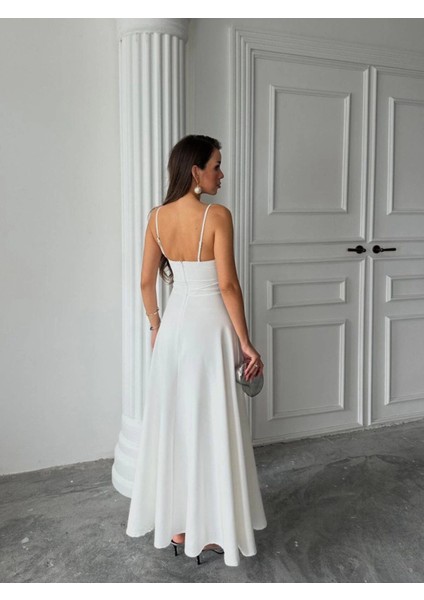 Kadın Istiridye Göğüs Detaylı Uzun Askılı Elbise