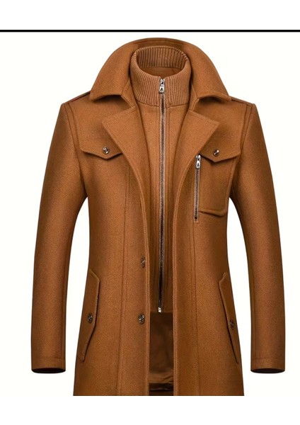 Erkekler Için Sonbahar Kış Çıkarılabilir Düğmeli Yuvarlak Yaka Tweed Mont