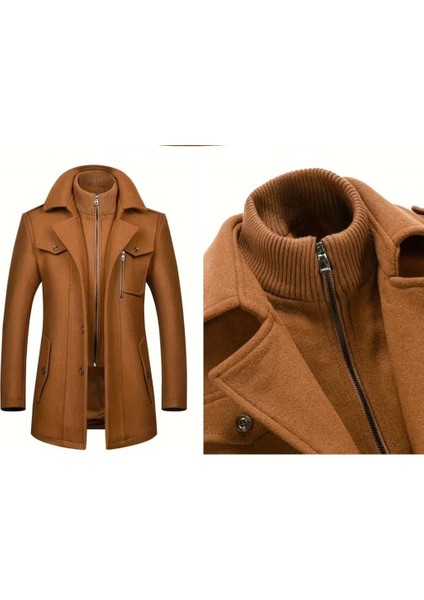 Erkekler Için Sonbahar Kış Çıkarılabilir Düğmeli Yuvarlak Yaka Tweed Mont